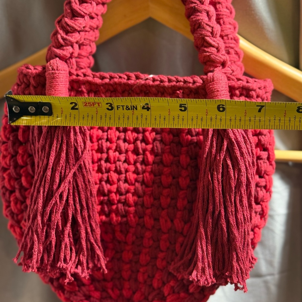 NWT BINGE Red Crochet Mini Bag With Tassels Boho Handmade Chic - Picture 9 of 15